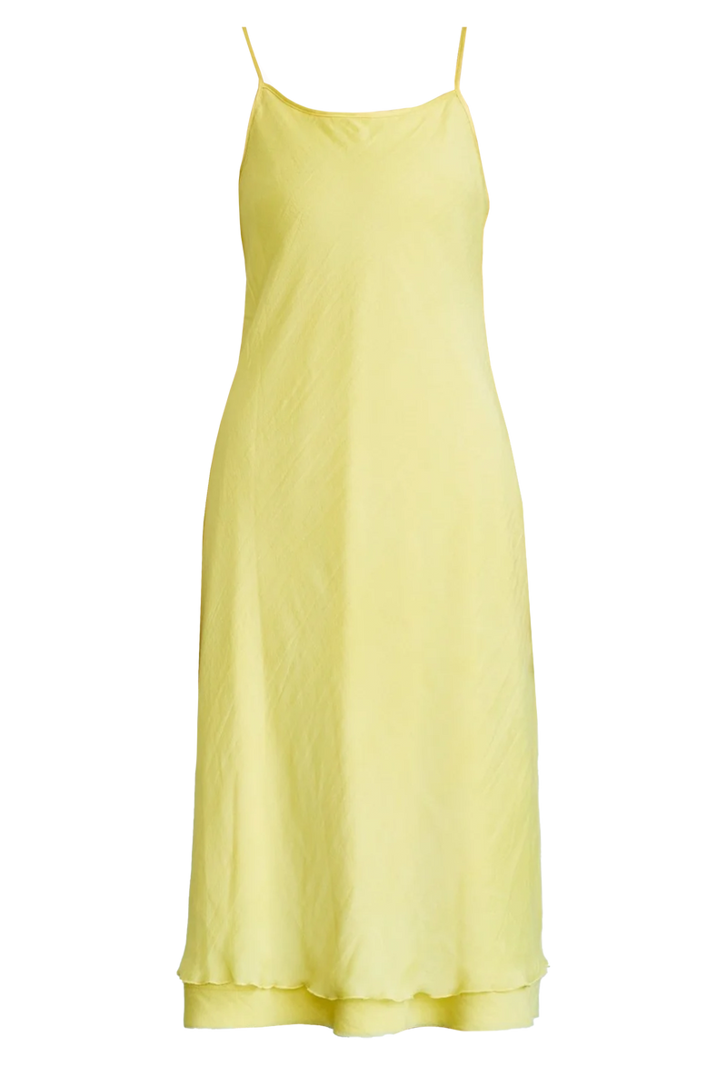 a double layer lemon yellow slip dress with thin straps. transparent background.