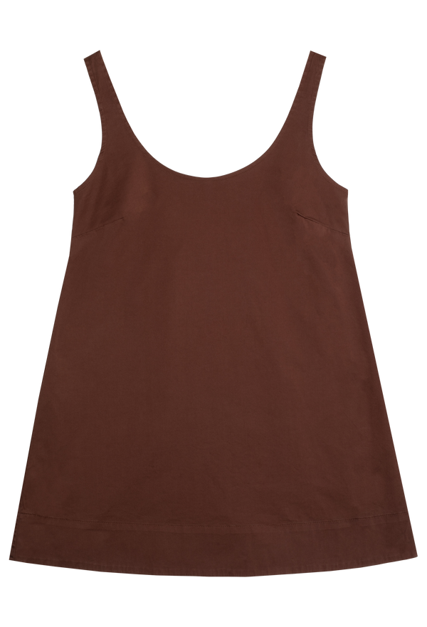 a brown poplin mini tank dress. transparent background.