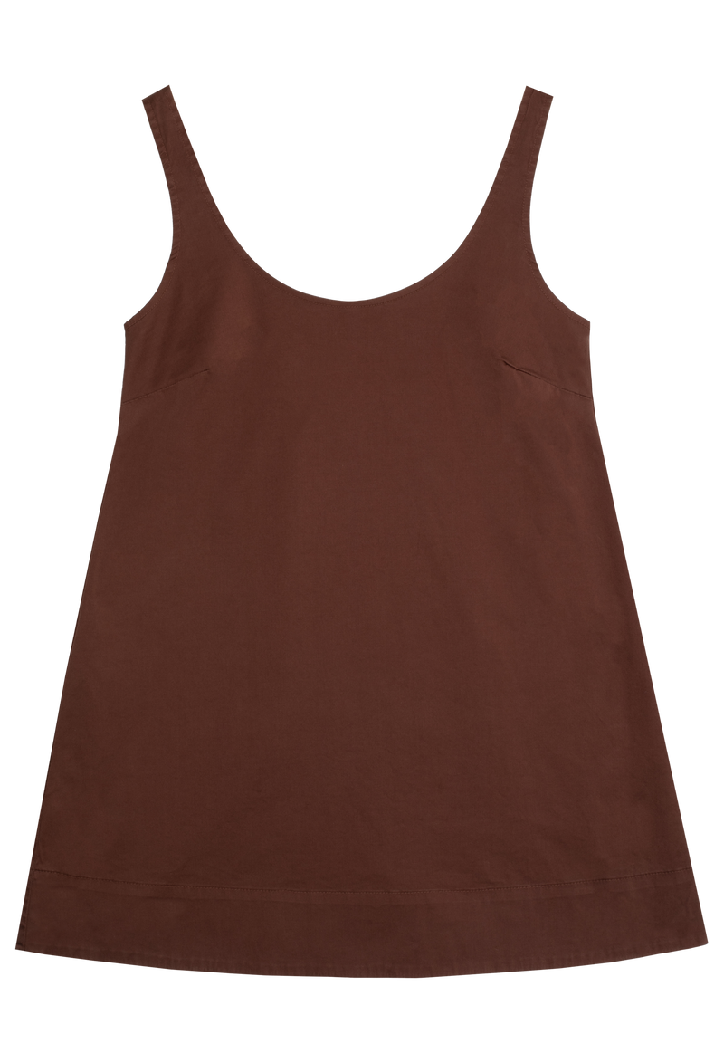 a brown poplin mini tank dress. transparent background.