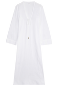 a white deep v-neck long coverup with long sleeves and a tie at the bust. transparent background.