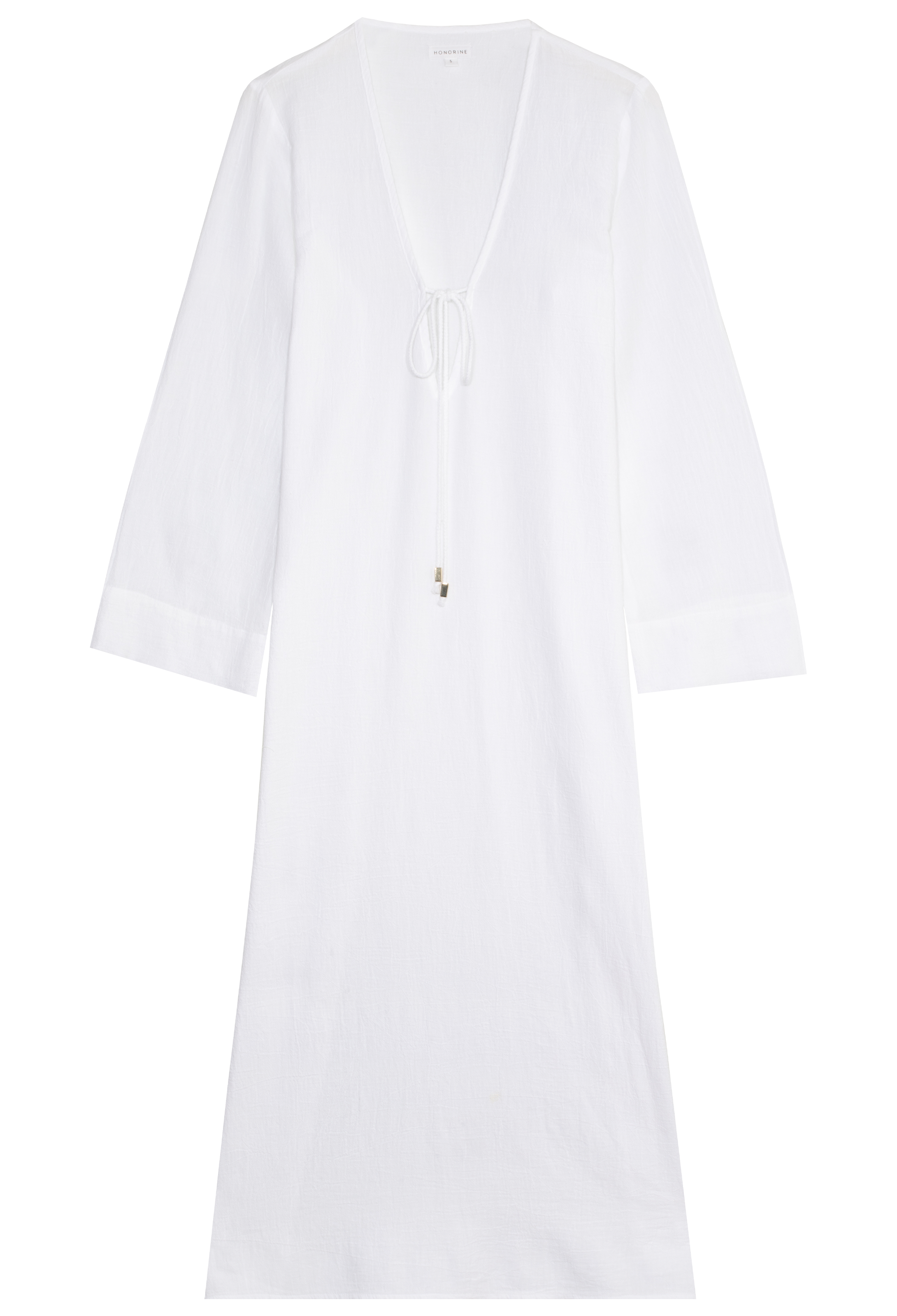 a white deep v-neck long coverup with long sleeves and a tie at the bust. transparent background.