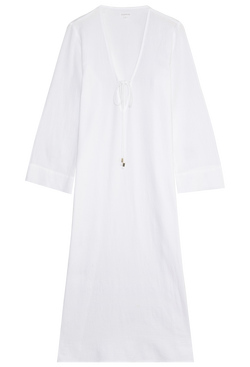 a white deep v-neck long coverup with long sleeves and a tie at the bust. transparent background.