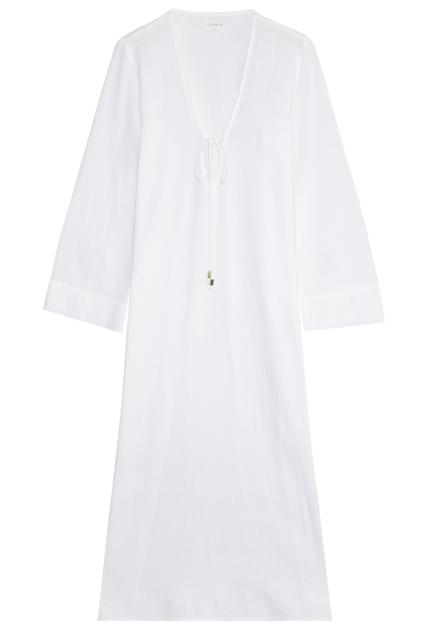 a white deep v-neck long coverup with long sleeves and a tie at the bust. transparent background.