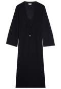 a black deep v-neck long coverup with long sleeves and a tie at the bust. transparent background.