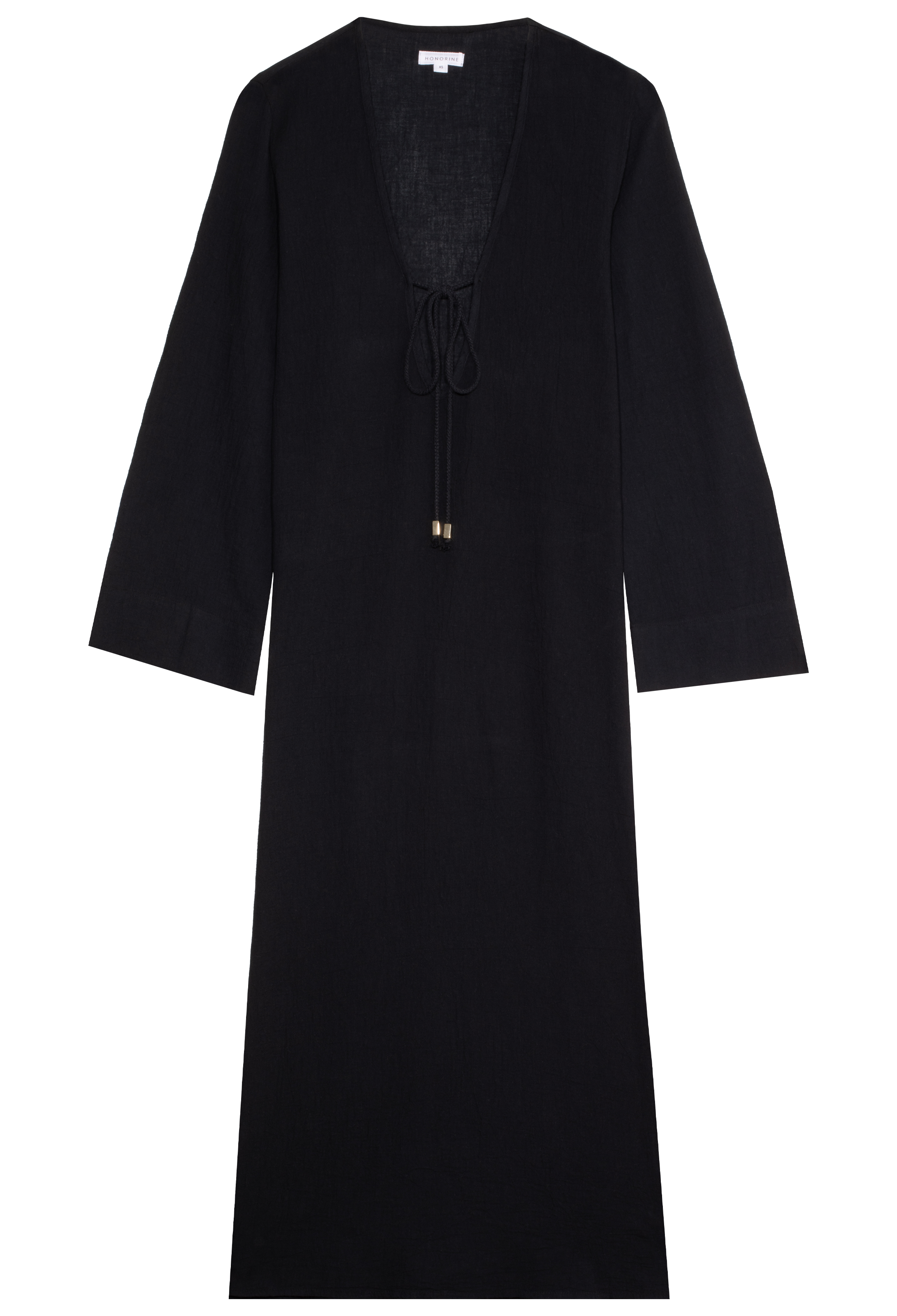 a black deep v-neck long coverup with long sleeves and a tie at the bust. transparent background.