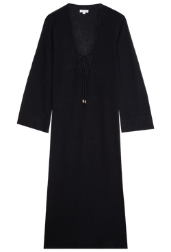a black deep v-neck long coverup with long sleeves and a tie at the bust. transparent background.