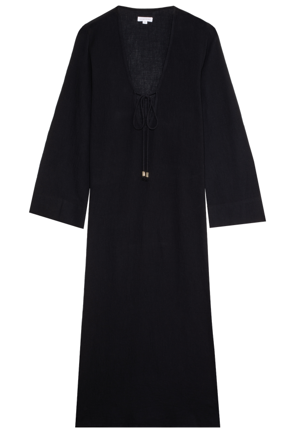 a black deep v-neck long coverup with long sleeves and a tie at the bust. transparent background.