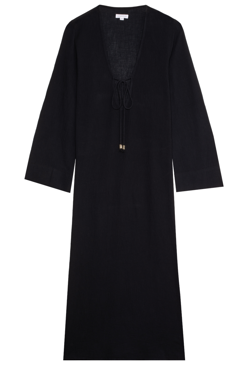 a black deep v-neck long coverup with long sleeves and a tie at the bust. transparent background.