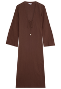 a brown deep v-neck long coverup with long sleeves and a tie at the bust. transparent background.