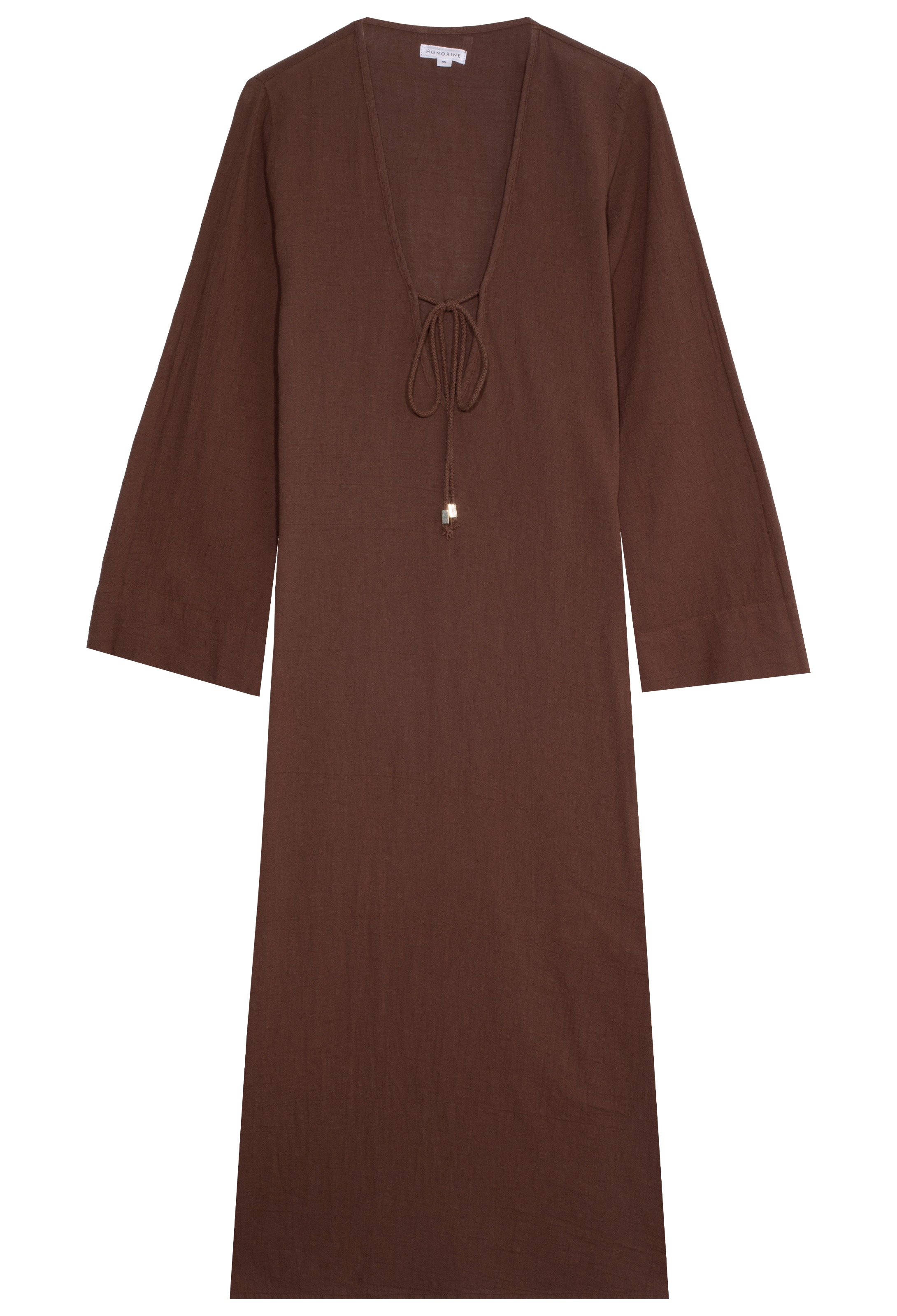 a brown deep v-neck long coverup with long sleeves and a tie at the bust. transparent background.