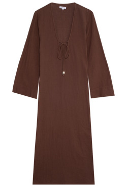 a brown deep v-neck long coverup with long sleeves and a tie at the bust. transparent background.