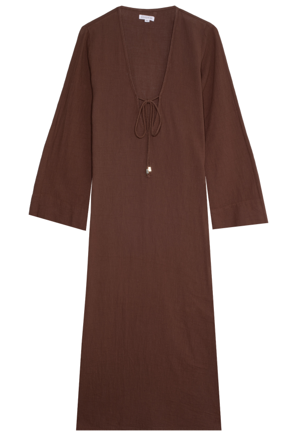a brown deep v-neck long coverup with long sleeves and a tie at the bust. transparent background.