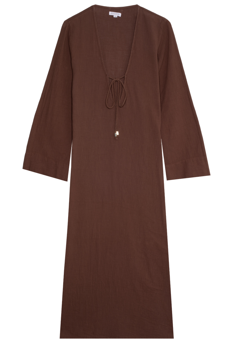 a brown deep v-neck long coverup with long sleeves and a tie at the bust. transparent background.