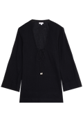 a black deep v-neck mini coverup with long sleeves and a tie at the bust. transparent background.