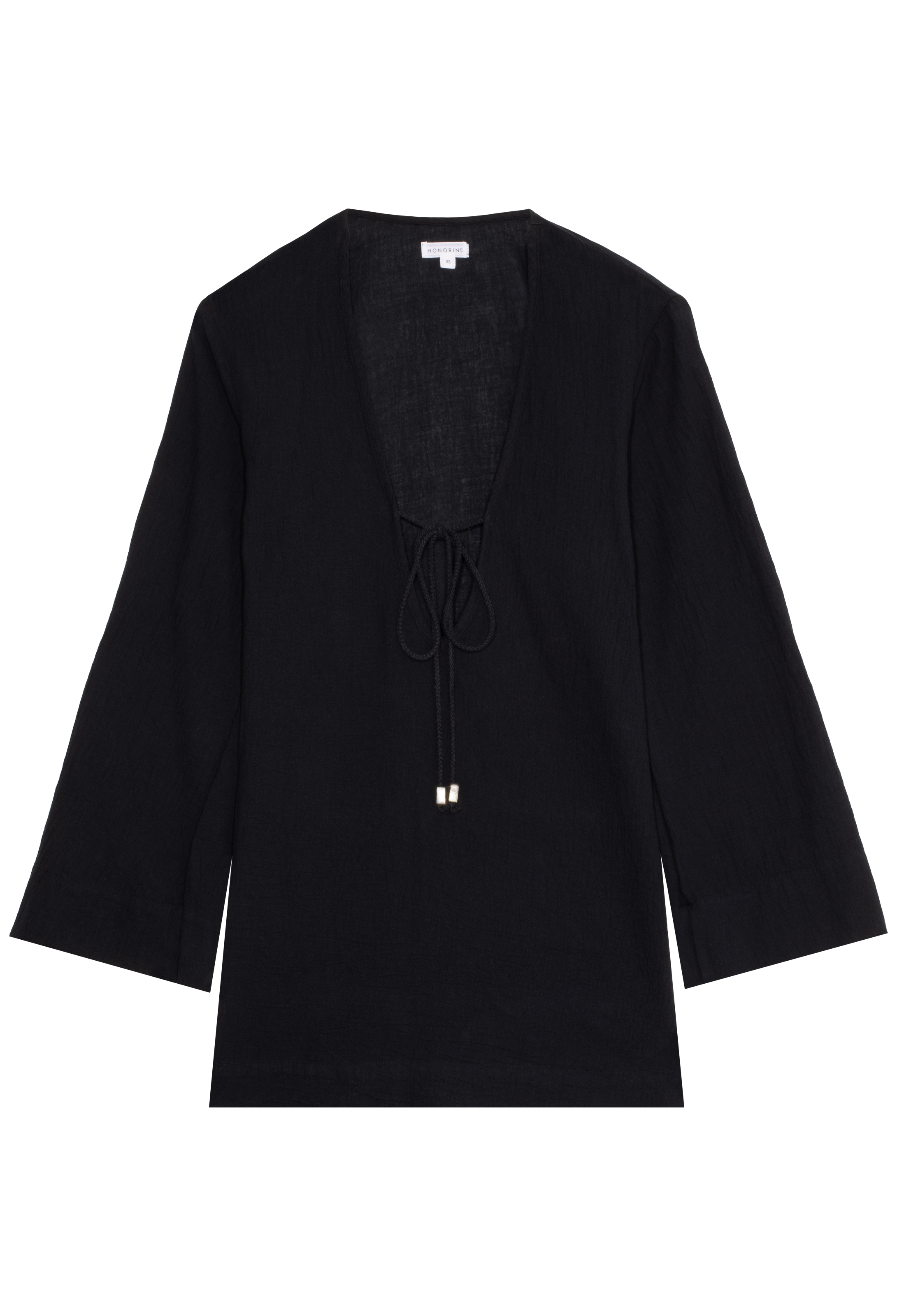 a black deep v-neck mini coverup with long sleeves and a tie at the bust. transparent background.