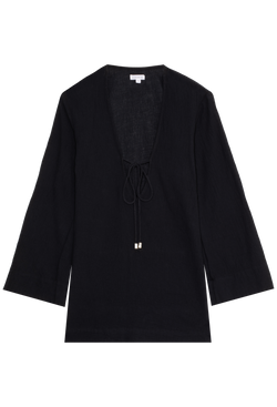 a black deep v-neck mini coverup with long sleeves and a tie at the bust. transparent background.