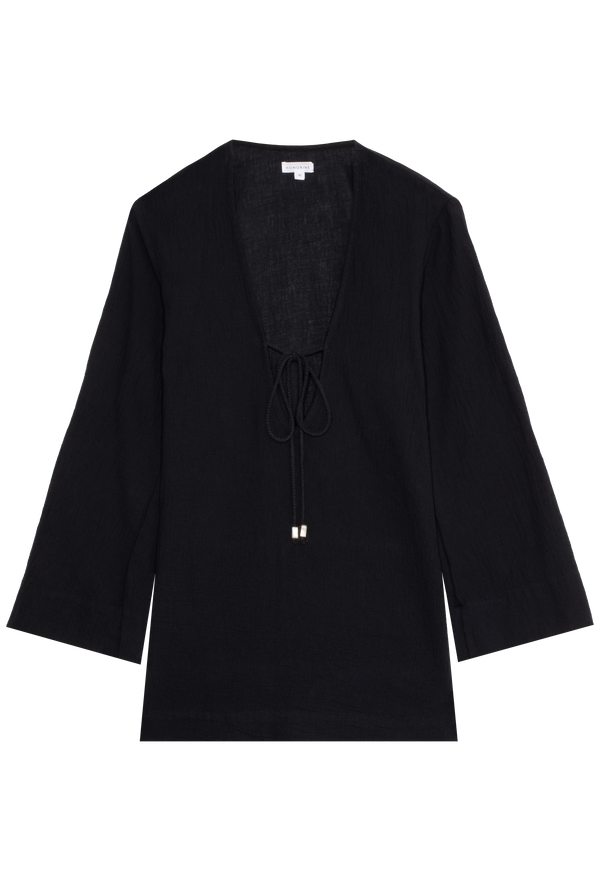 a black deep v-neck mini coverup with long sleeves and a tie at the bust. transparent background.
