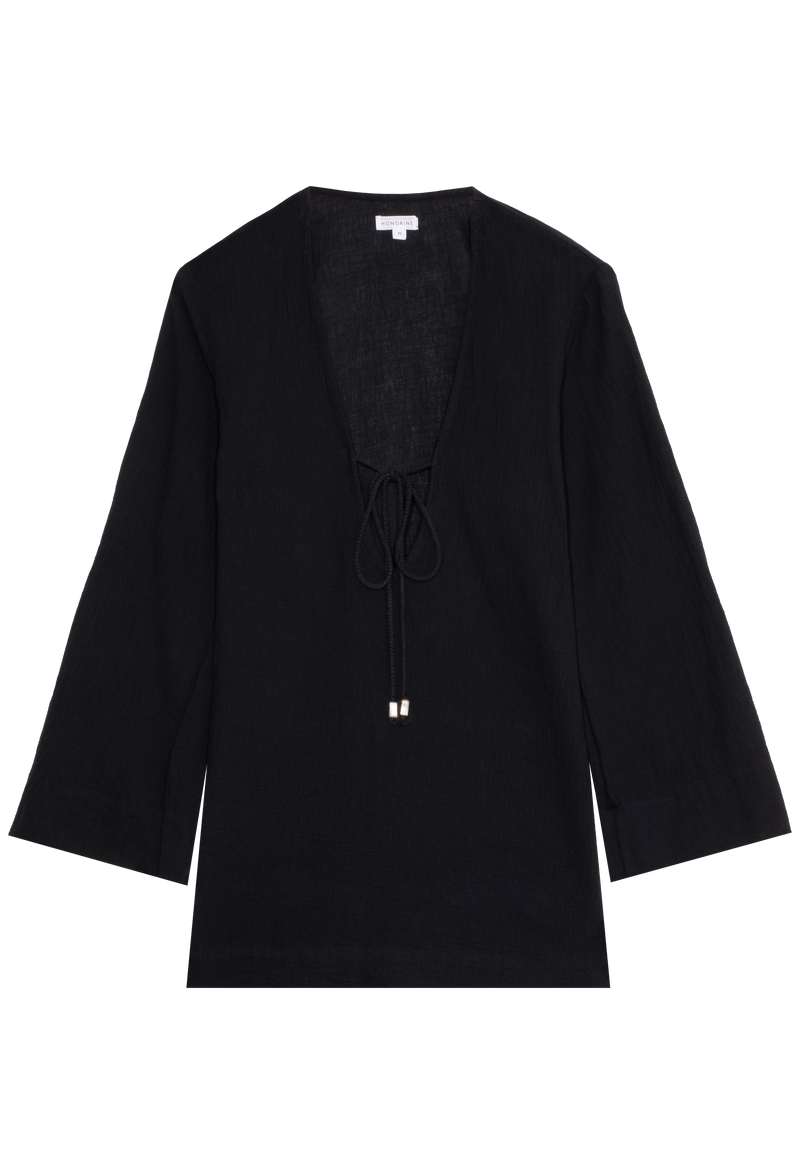 a black deep v-neck mini coverup with long sleeves and a tie at the bust. transparent background.
