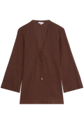 a brown deep v-neck mini coverup with long sleeves and a tie at the bust. transparent background.