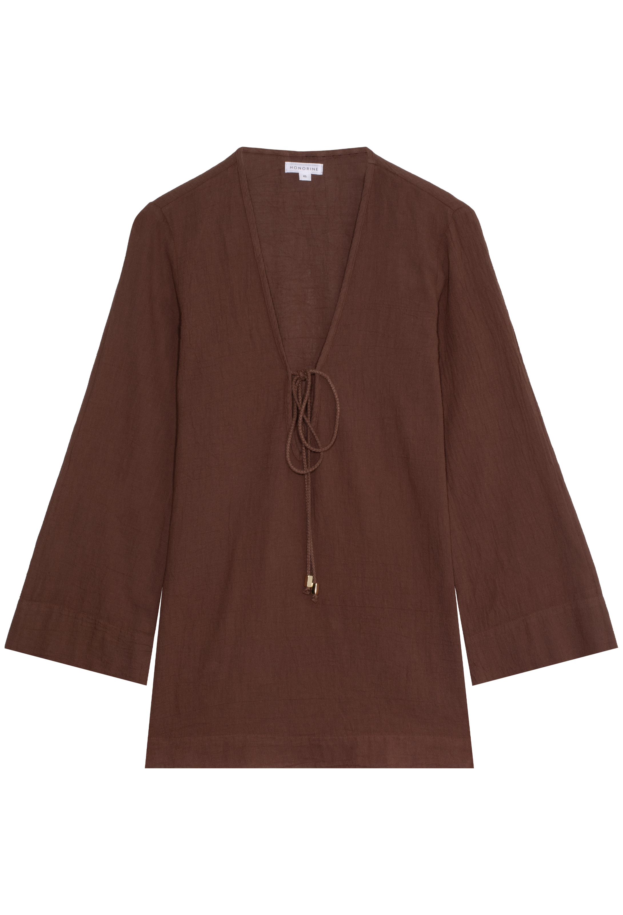 a brown deep v-neck mini coverup with long sleeves and a tie at the bust. transparent background.