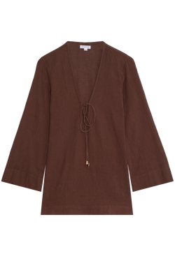 a brown deep v-neck mini coverup with long sleeves and a tie at the bust. transparent background.