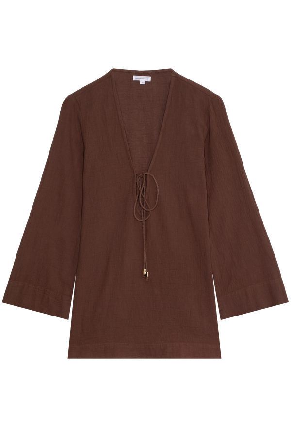 a brown deep v-neck mini coverup with long sleeves and a tie at the bust. transparent background.