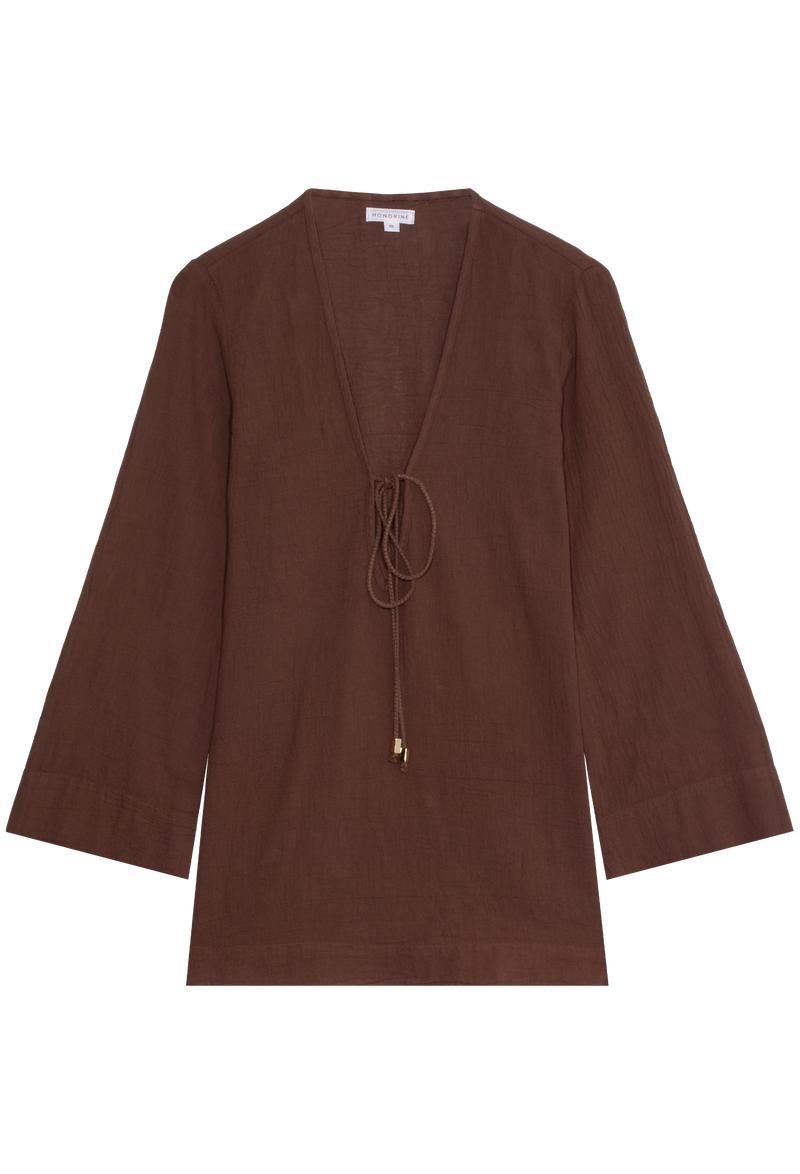 a brown deep v-neck mini coverup with long sleeves and a tie at the bust. transparent background.