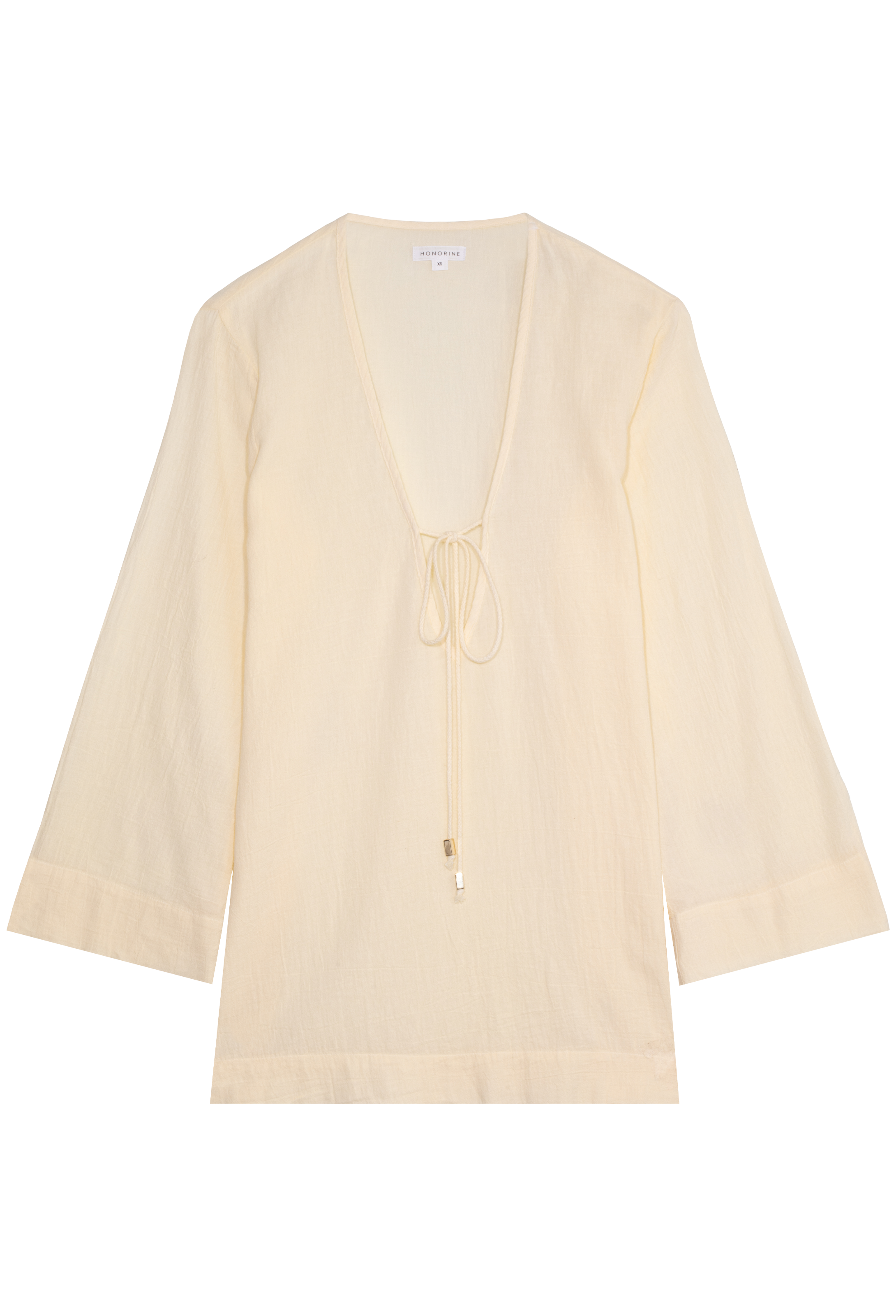 a light yellow deep v-neck mini coverup with long sleeves and a tie at the bust. transparent background.