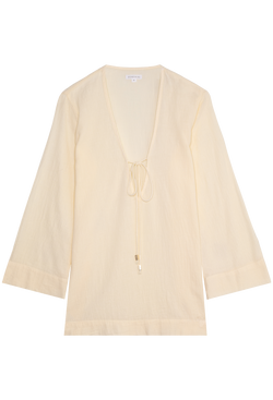 a light yellow deep v-neck mini coverup with long sleeves and a tie at the bust. transparent background.