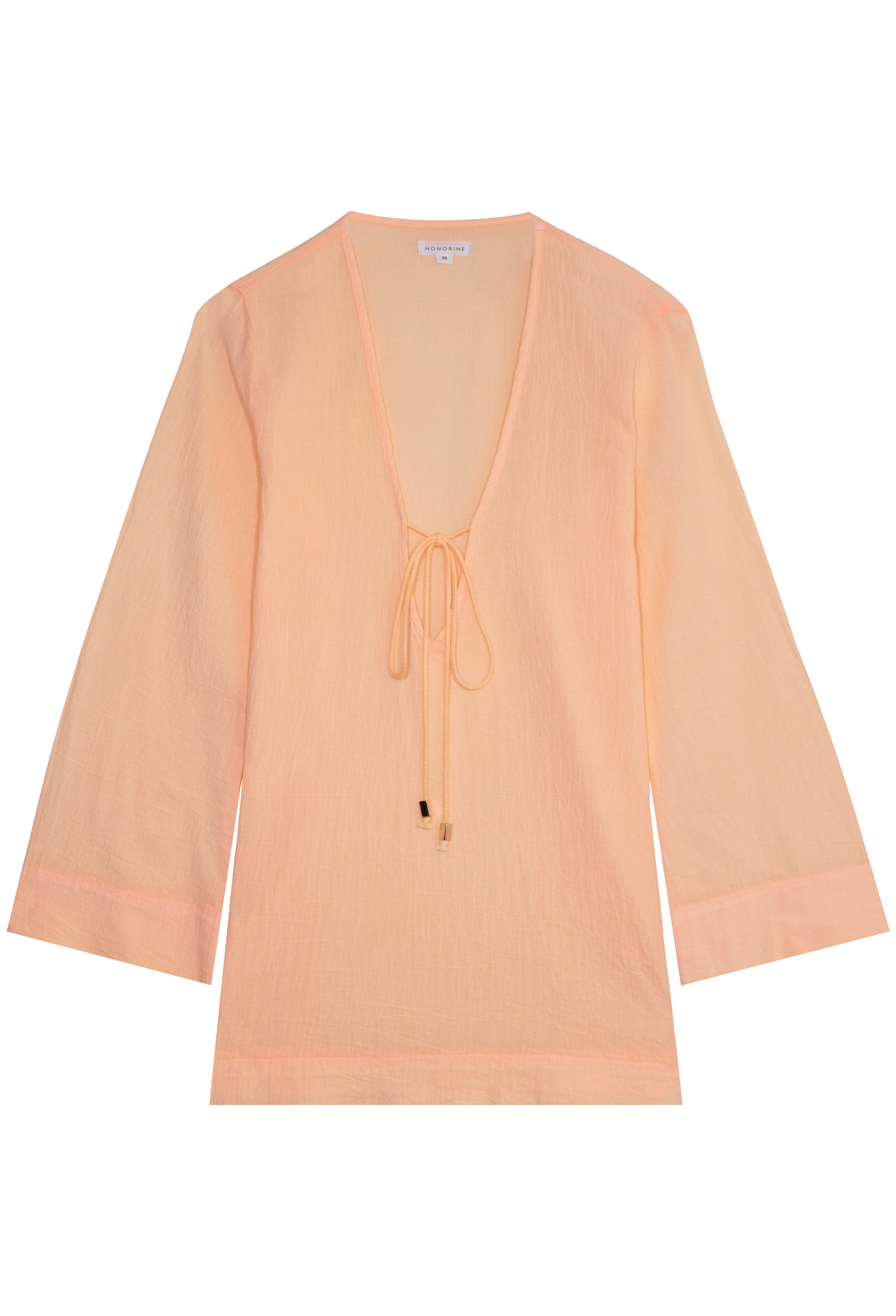 a melon colored deep v-neck mini coverup with long sleeves and a tie at the bust. transparent background.
