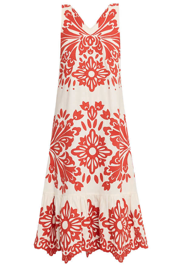 sleeveless v-neck white dress with red floral applique patterns on a transparent background