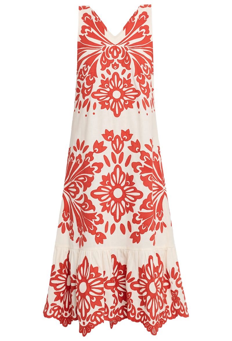 sleeveless v-neck white dress with red floral applique patterns on a transparent background
