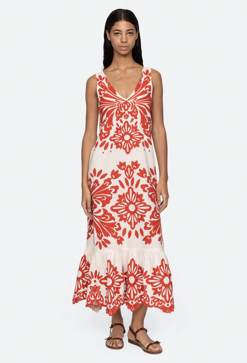 a model wearing a sleeveless v-neck white dress with red floral applique patterns on a white background
