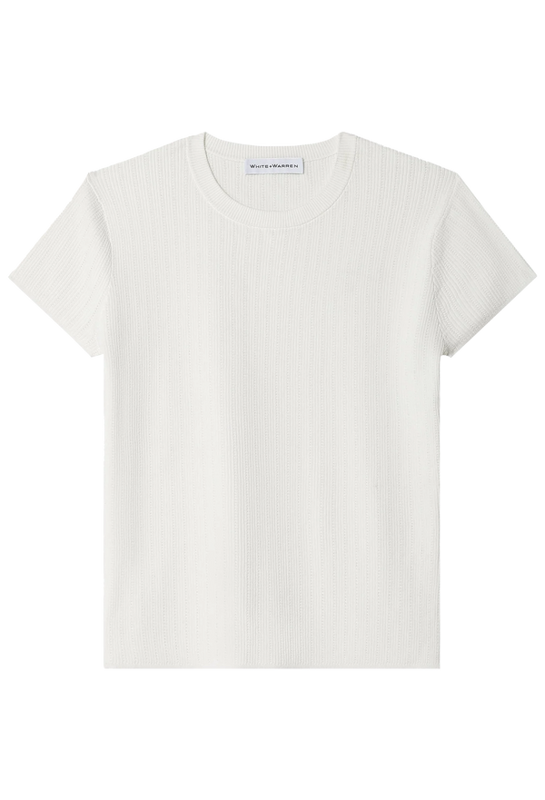 a short sleeve white pointelle t-shirt. transparent background.
