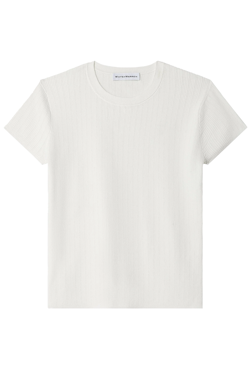 a short sleeve white pointelle t-shirt. transparent background.