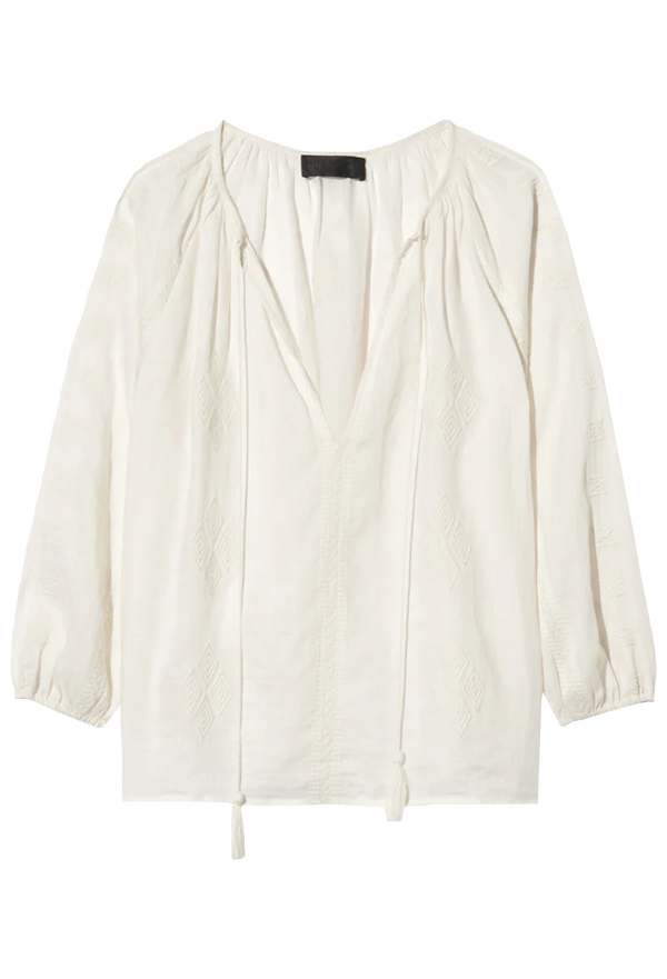 an ivory deep v-neck tie top with long sleeves. transparent background.
