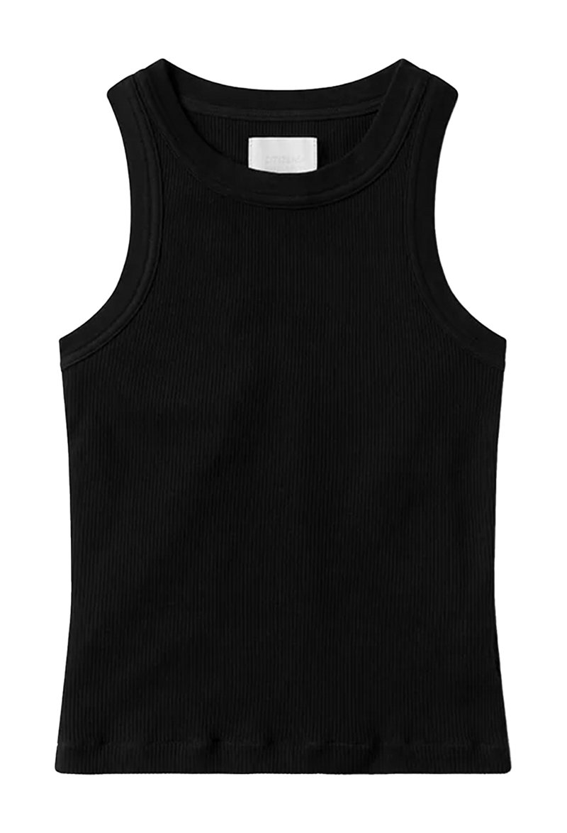a black ribbed racerback tank top. transparent background