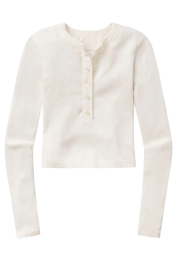 an off white half buttoned henley long sleeve top. transparent background