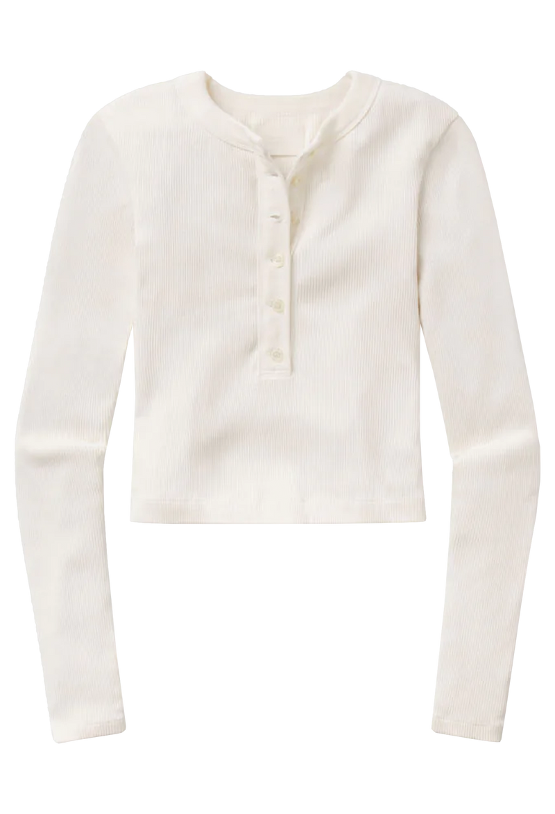 an off white half buttoned henley long sleeve top. transparent background