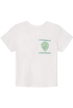 White t-shirt with green artichoke graphic and text 'Artichokes Have Heart' on a transparent background