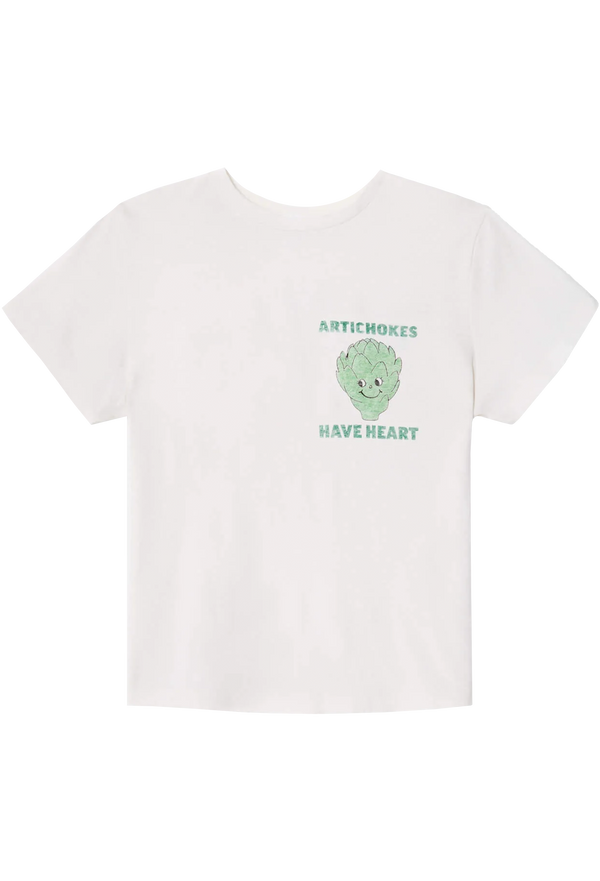 White t-shirt with green artichoke graphic and text 'Artichokes Have Heart' on a transparent background