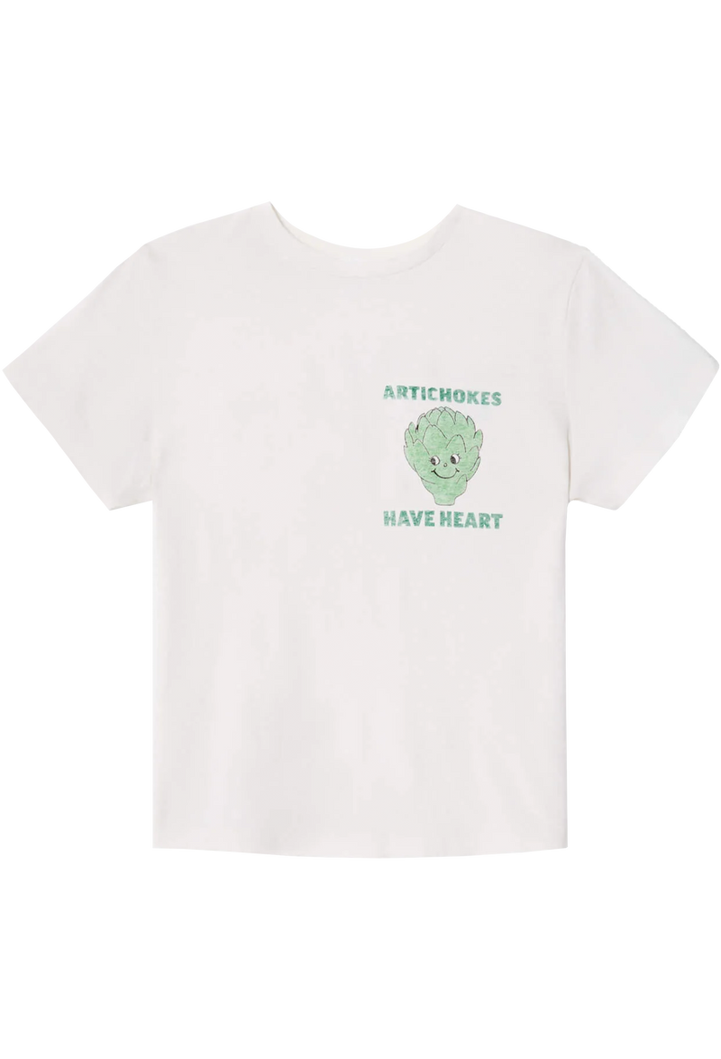 White t-shirt with green artichoke graphic and text 'Artichokes Have Heart' on a transparent background