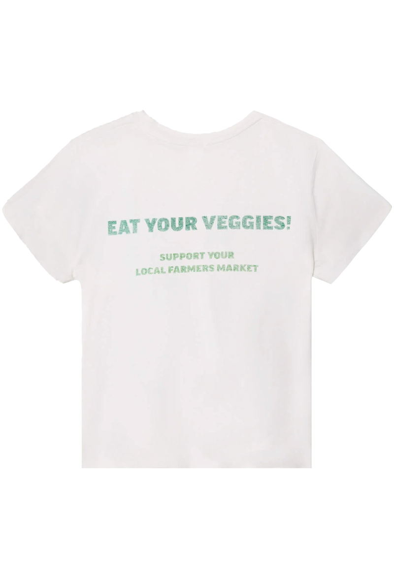 back of a white t-shirt with green text 'Eat Your Veggies! Support Your Local Farmers Market' on a transparent background