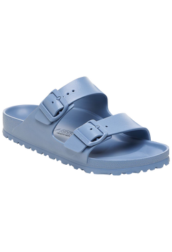 Blue sandal with double buckle straps on a transparent background
