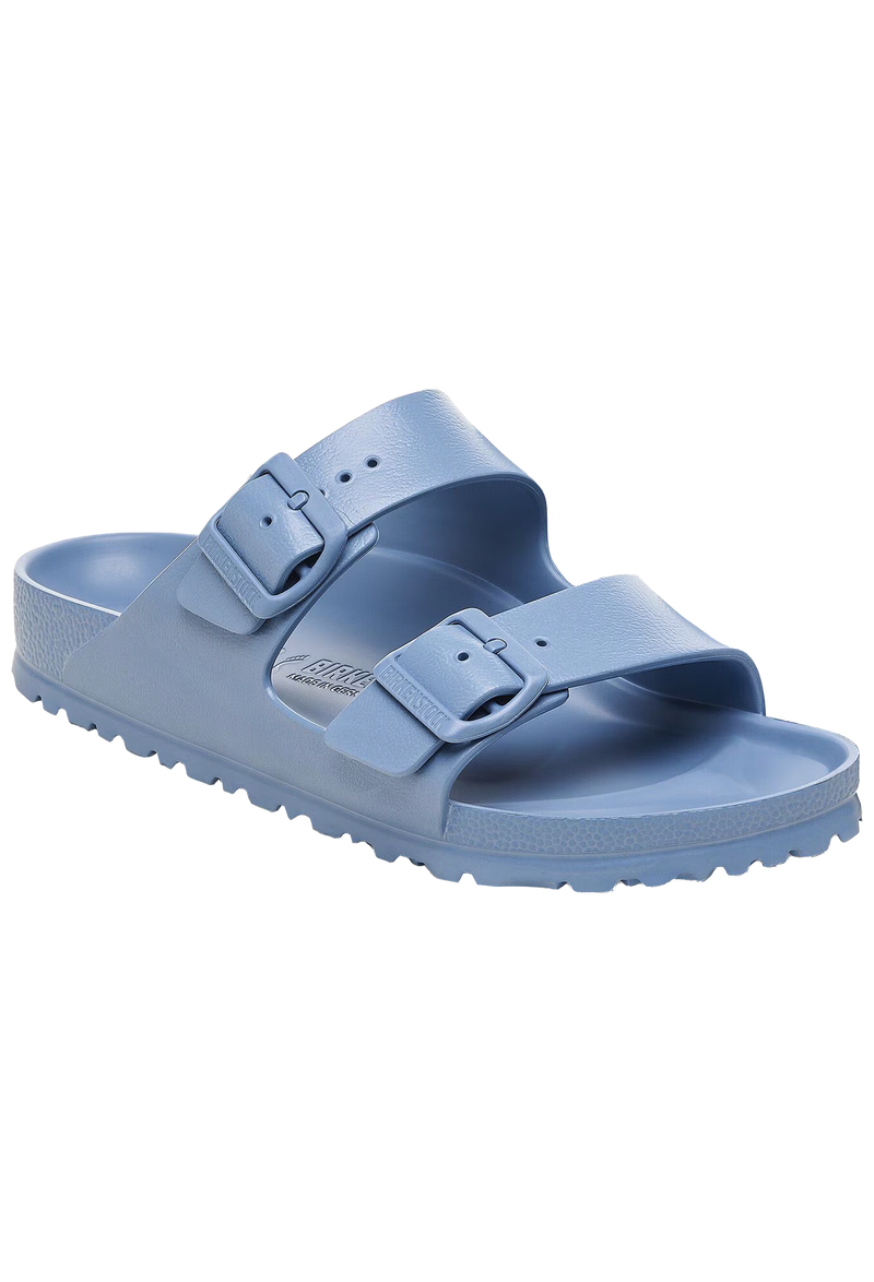 Blue sandal with double buckle straps on a transparent background
