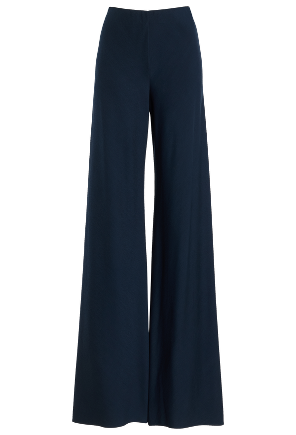 Navy blue flared leg pants on a transparent background