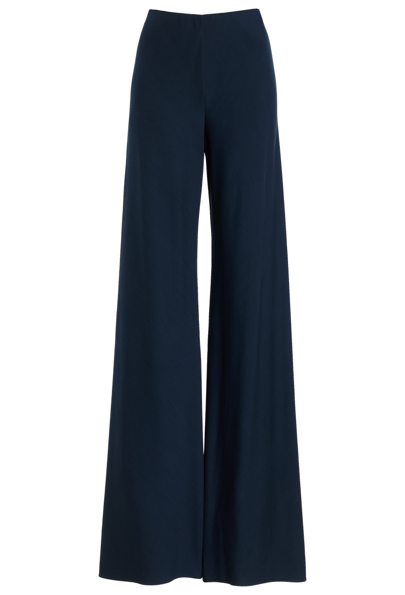 Navy blue flared leg pants on a transparent background