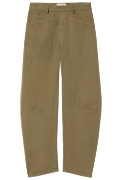 olive green barrel leg pants on a transparent background