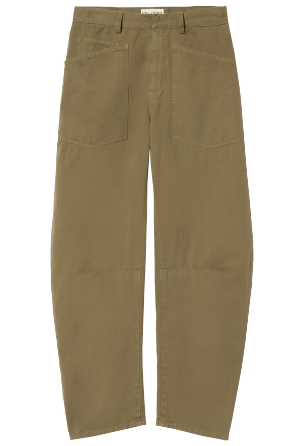olive green barrel leg pants on a transparent background