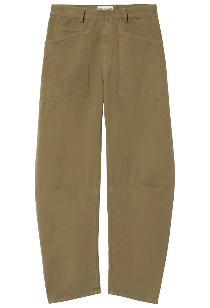 olive green barrel leg pants on a transparent background